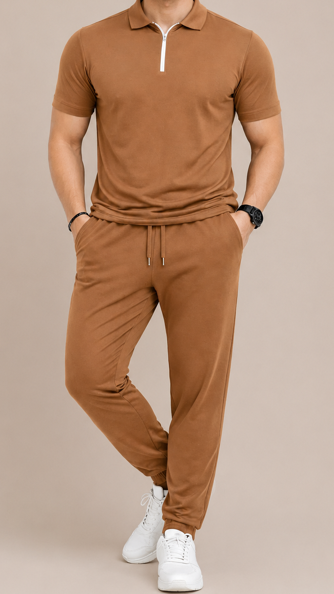 A man modeling a matching two-piece lounge set in a warm brown color, featuring a short-sleeve polo shirt with a white zipper detail and matching jogger pants, set against a solid beige studio background.
