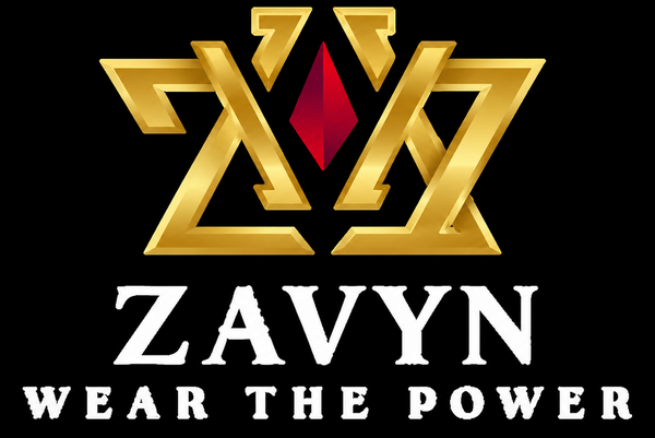 A stylized metallic gold monogram logo above the words 'ZAVYN' in white and 'WEAR THE POWER' in white, all on a solid black background.